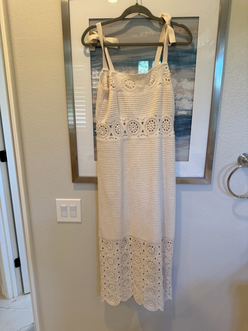 LOFT Cream Crochet Tie-Shoulder Maxi Dress